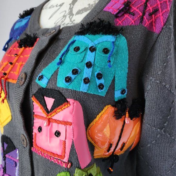 Michael Simon Bead Felt Vinyl Embellished Cardigan Button Cotton Blend Grey - Picture 5 of 9